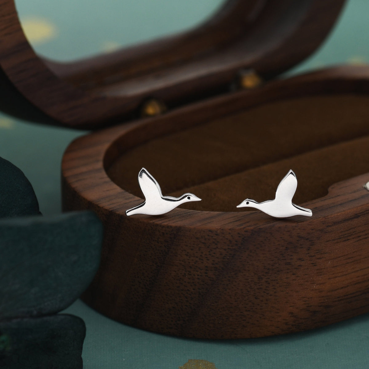 Flying Duck Stud Earrings in Sterling Silver, Flying Goose Earrings, Bird Earrings, Nature Inspired Animal Earrings