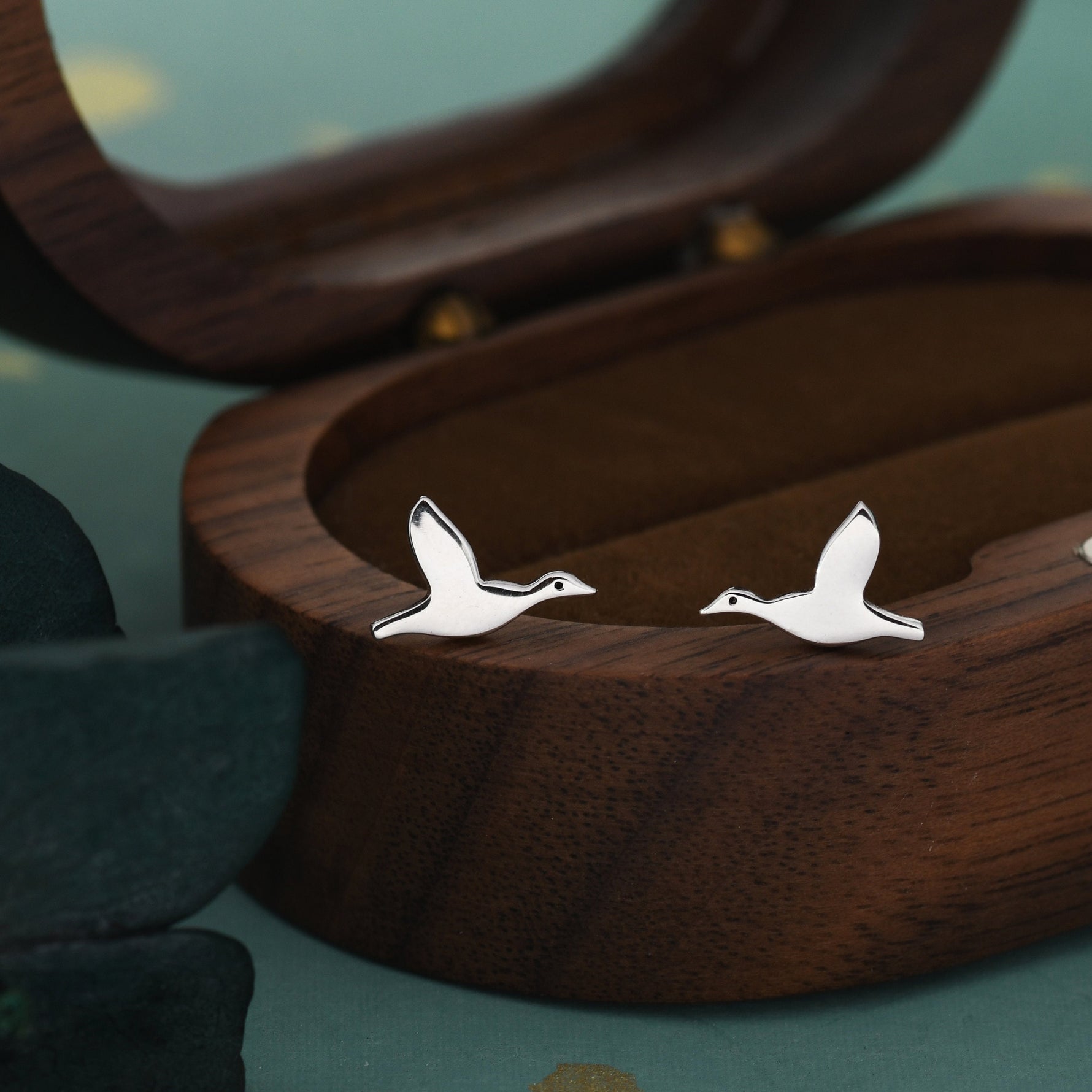 Flying Duck Stud Earrings in Sterling Silver, Flying Goose Earrings, Bird Earrings, Nature Inspired Animal Earrings
