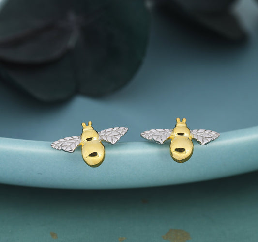 Bumble Bee Stud Earrings in Sterling Silver, Silver, Gold or Rose Gold, Two Tone Bee Earrings, Nature Inspired.