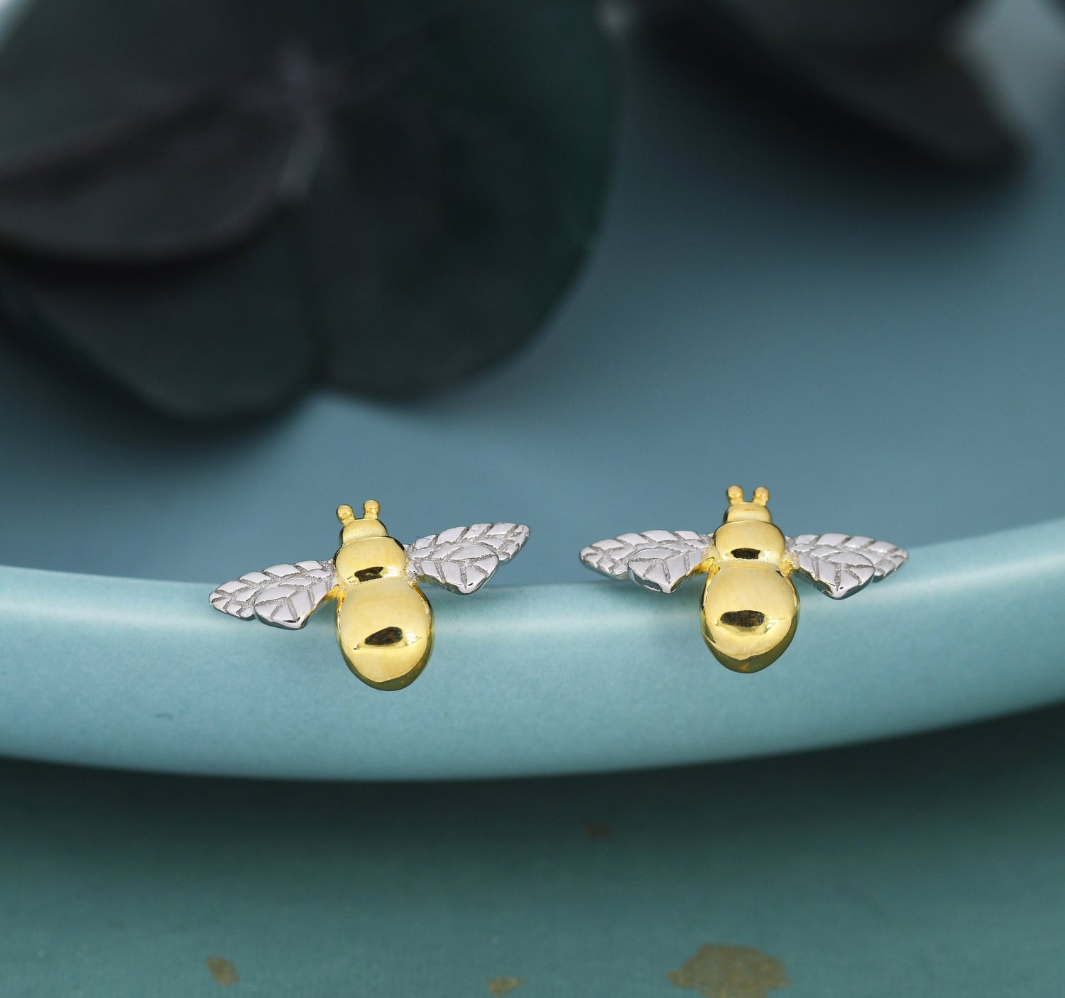 Bumble Bee Stud Earrings in Sterling Silver, Silver, Gold or Rose Gold, Two Tone Bee Earrings, Nature Inspired.