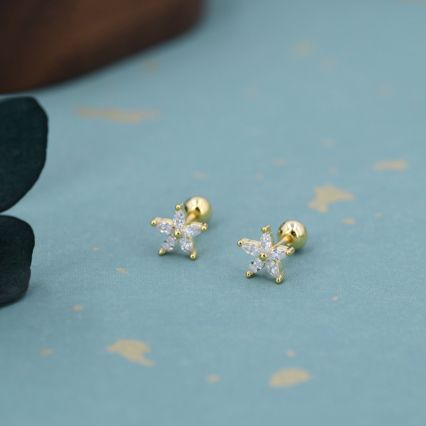 Sterling Silver CZ Flower Barbell Earrings,  Gold or Silver, Marquise CZ Screw Back Earrings, Stacking Earrings