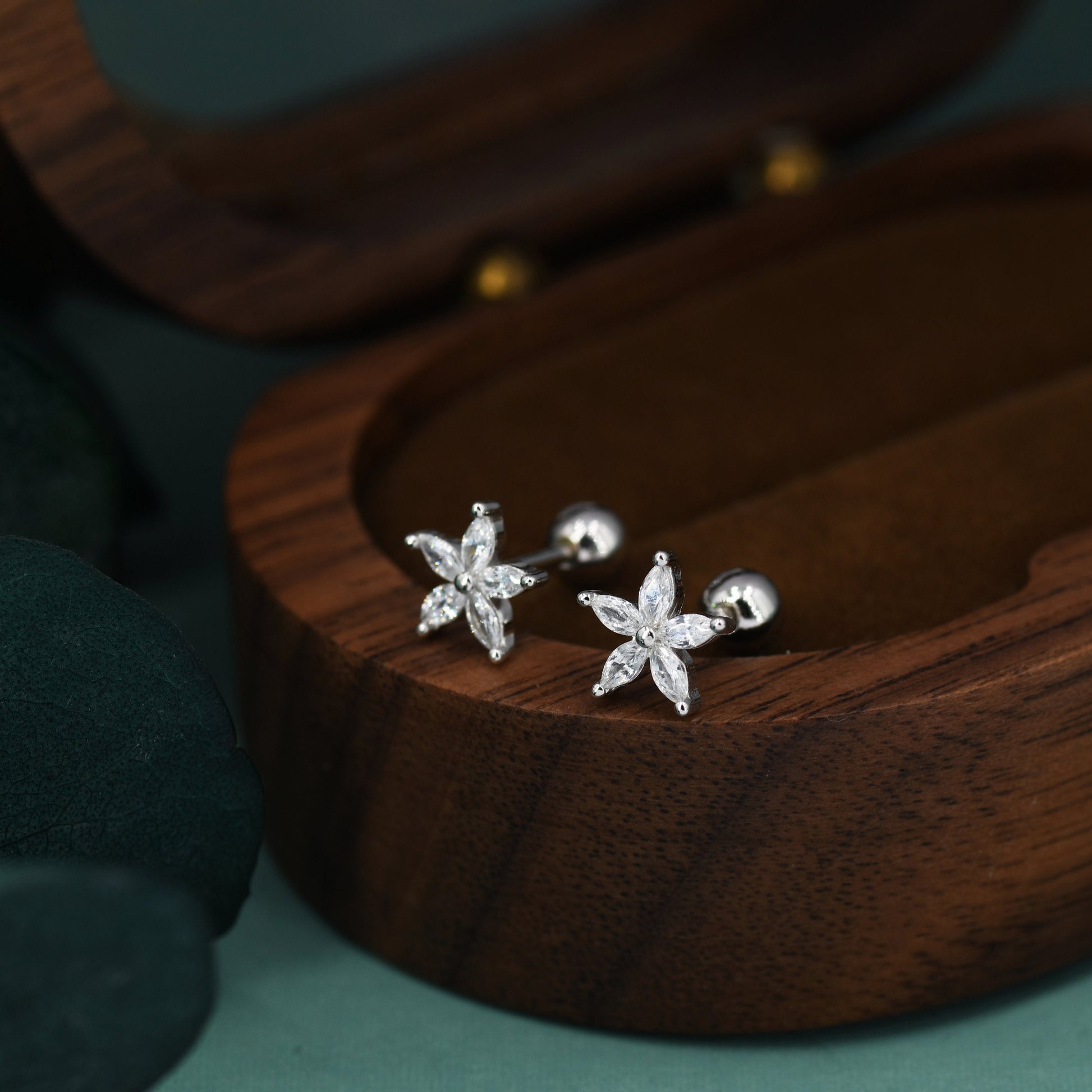 Sterling Silver CZ Flower Internally Threaded Flat Back /Screw Back Earrings, Gold or Silver or Rose Gold, Marquise CZ Screw Back Earrings