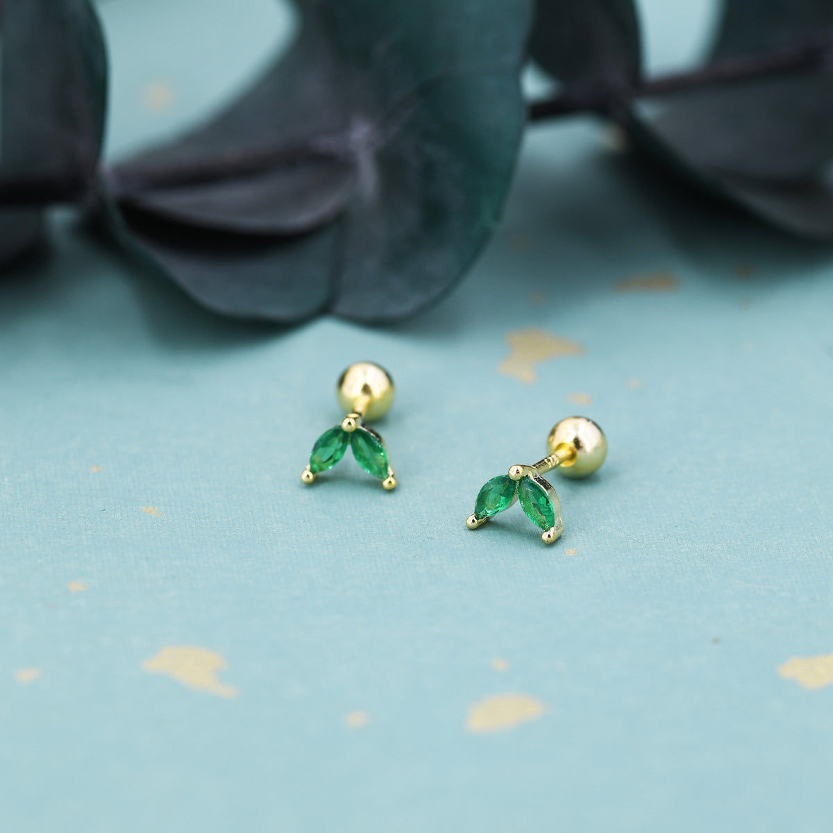Sterling Silver Emerald Green CZ Marquise Leaf Duo Barbell Earrings, Gold or Silver, Marquise Fan Screwback Earrings, Screw Back Earrings