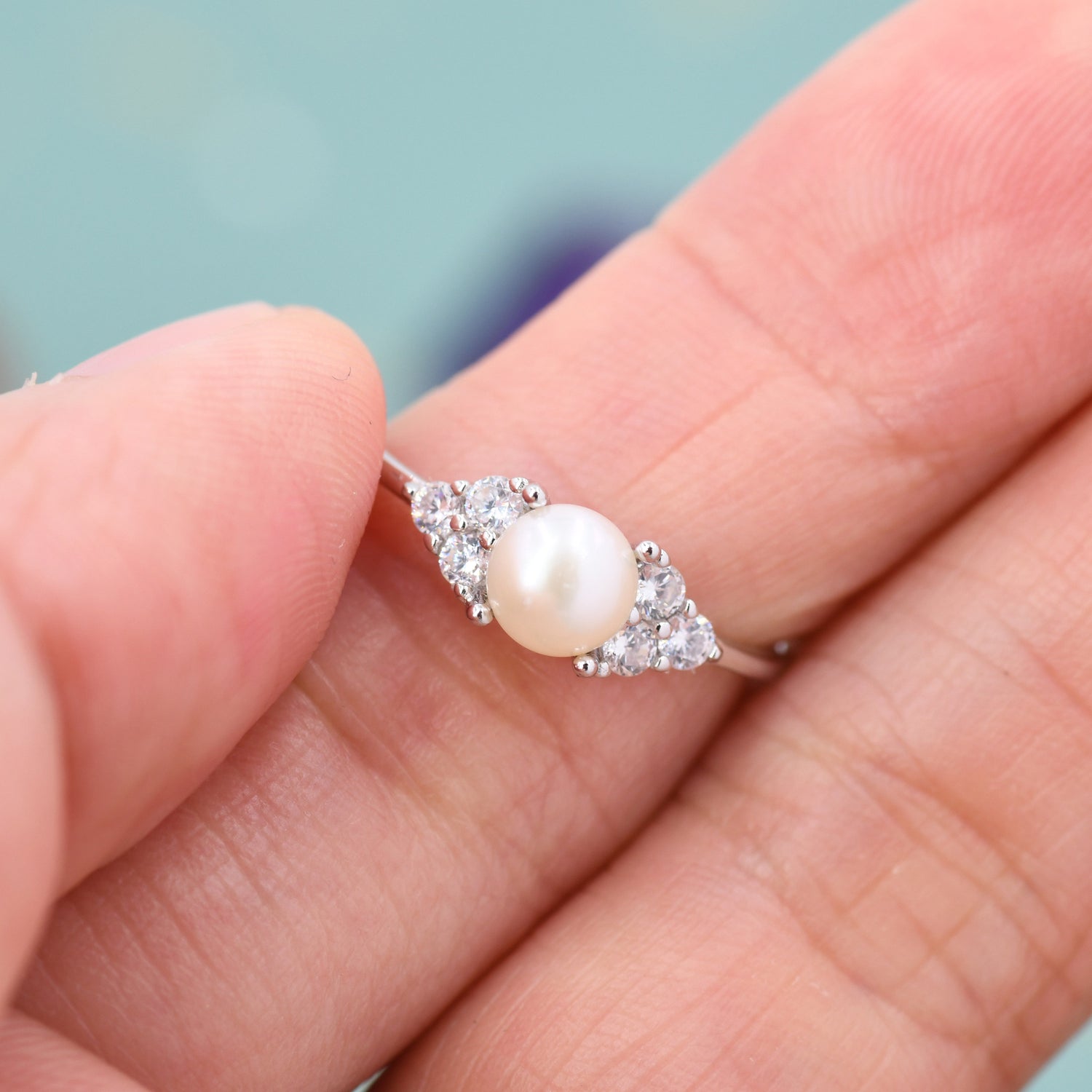 Genuine Freshwater Pearl and CZ Ring in Sterling Silver, Silver, Gold or Rose Gold, Natural Pearl Ring, US 5 - 8