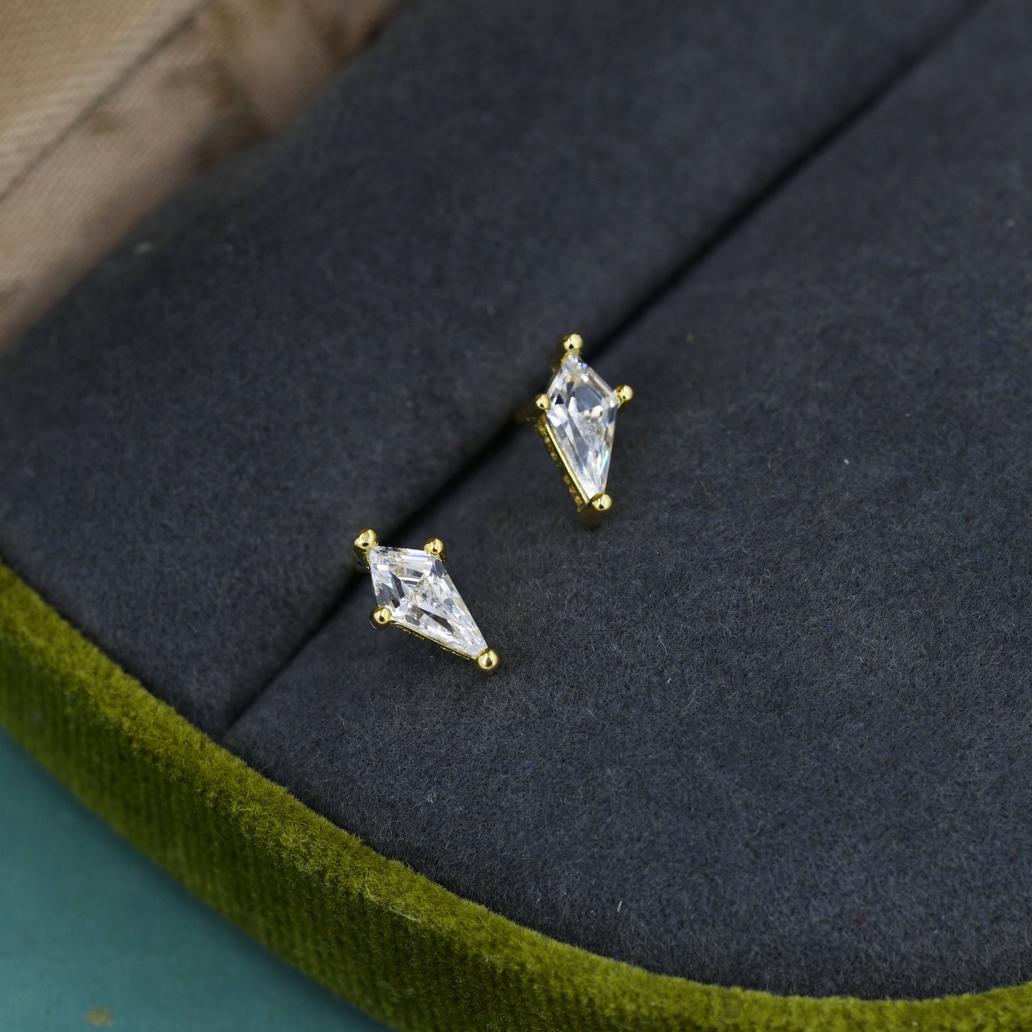 Extra Tiny Rhombus CZ Stud Earrings in Sterling Silver, Silver or Gold, Kite Shape Crystal Earrings, Geometric Minimalist Design