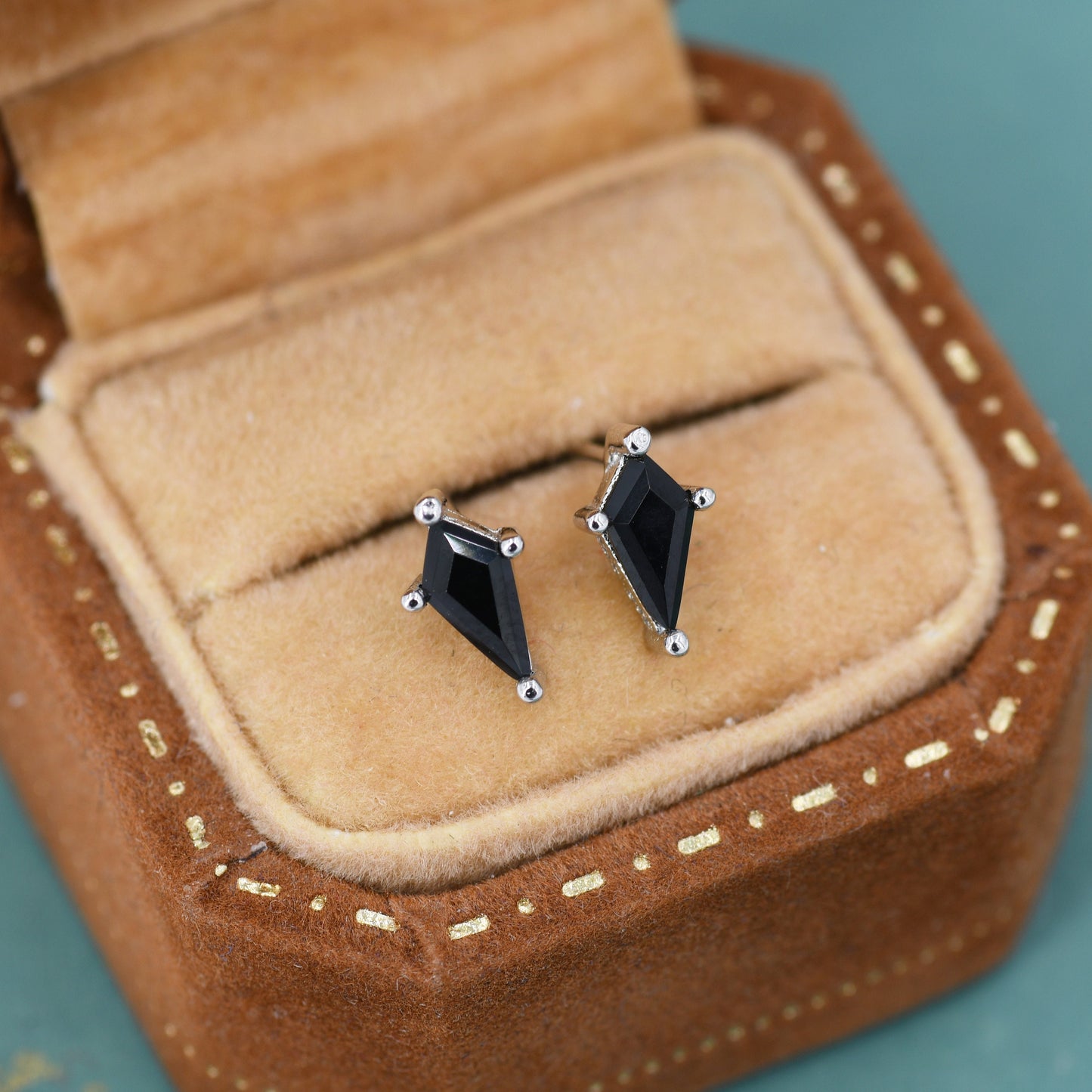 Extra Tiny Black CZ Rhombus Stud Earrings in Sterling Silver, Silver or Gold, Kite Shape Crystal Earrings, Stacking Earrings