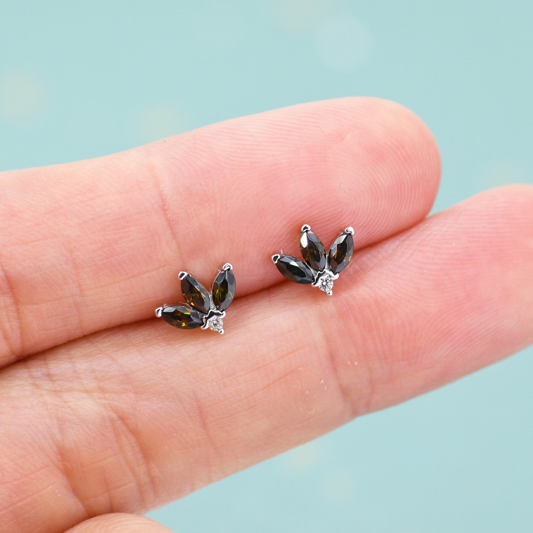 Sterling Silver Tiny Coffee CZ Marquise Cluster Stud Earrings, Gold or Silver, Marquise Fan Stud, CZ Crown Stud, Three Marquise Stud
