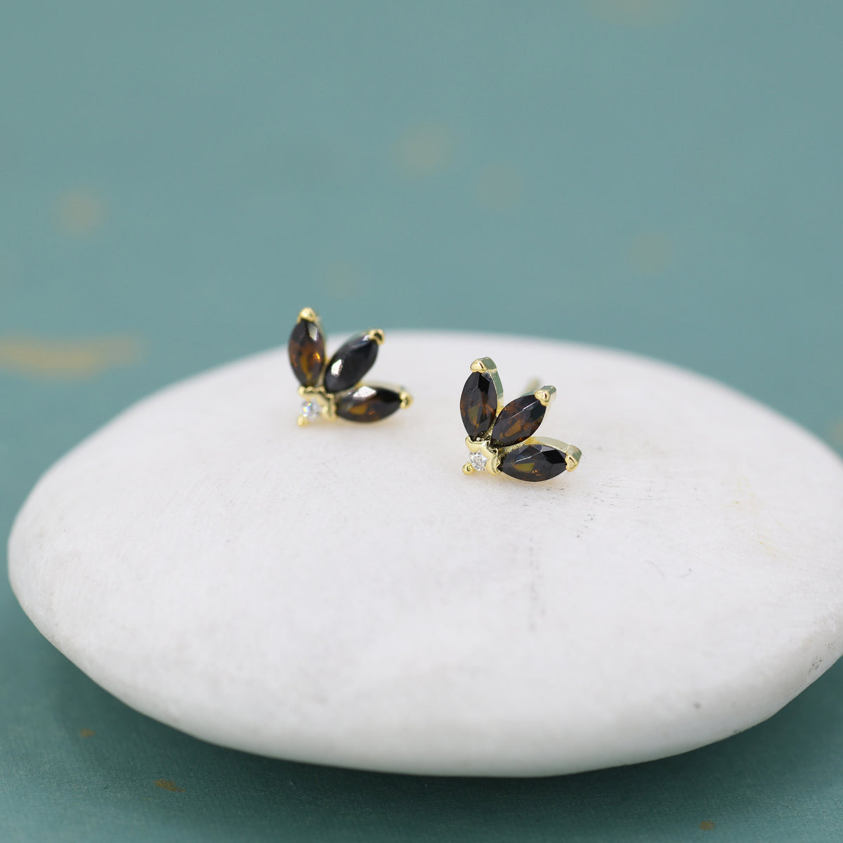 Sterling Silver Tiny Coffee CZ Marquise Cluster Stud Earrings, Gold or Silver, Marquise Fan Stud, CZ Crown Stud, Three Marquise Stud