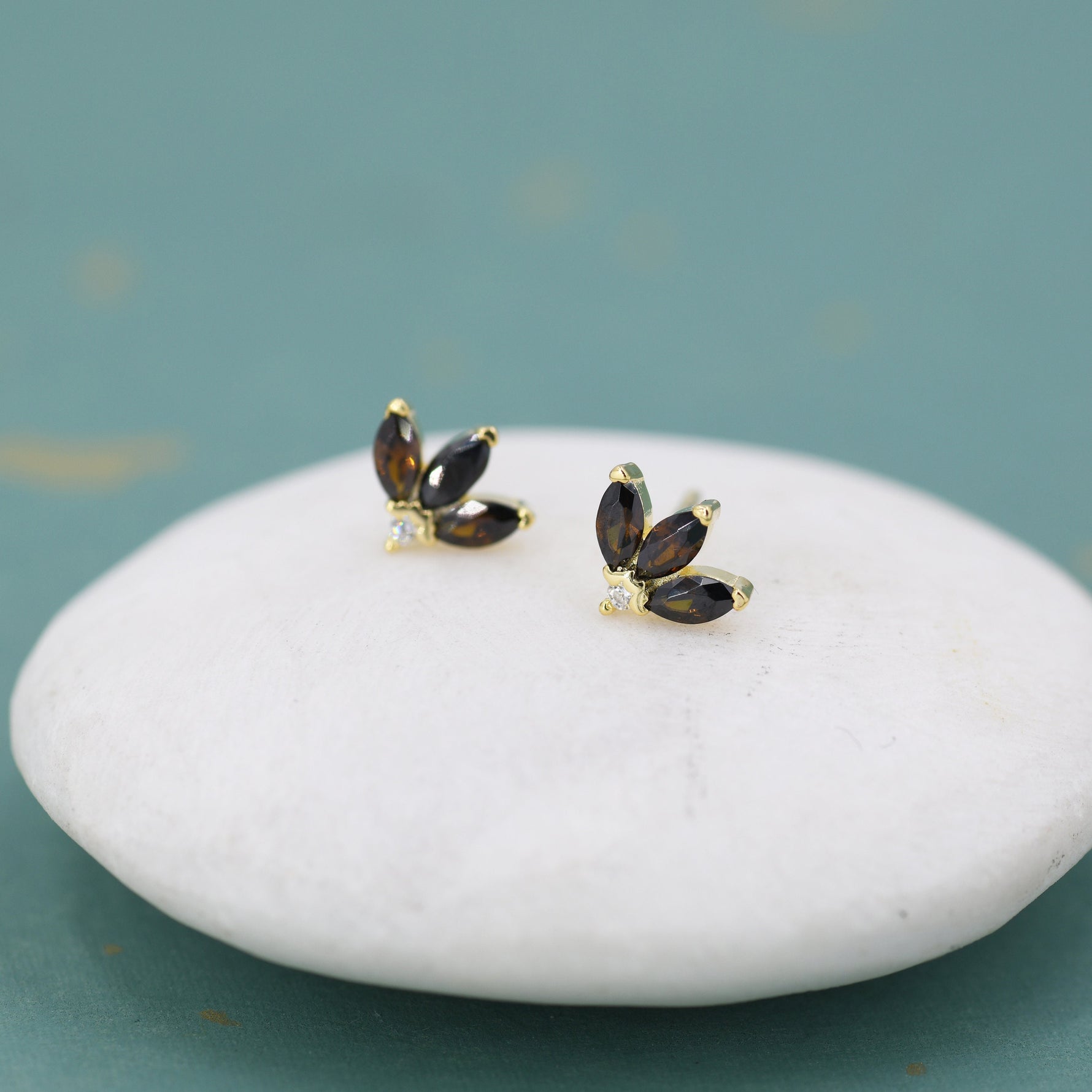 Sterling Silver Tiny Coffee CZ Marquise Cluster Stud Earrings, Gold or Silver, Marquise Fan Stud, CZ Crown Stud, Three Marquise Stud