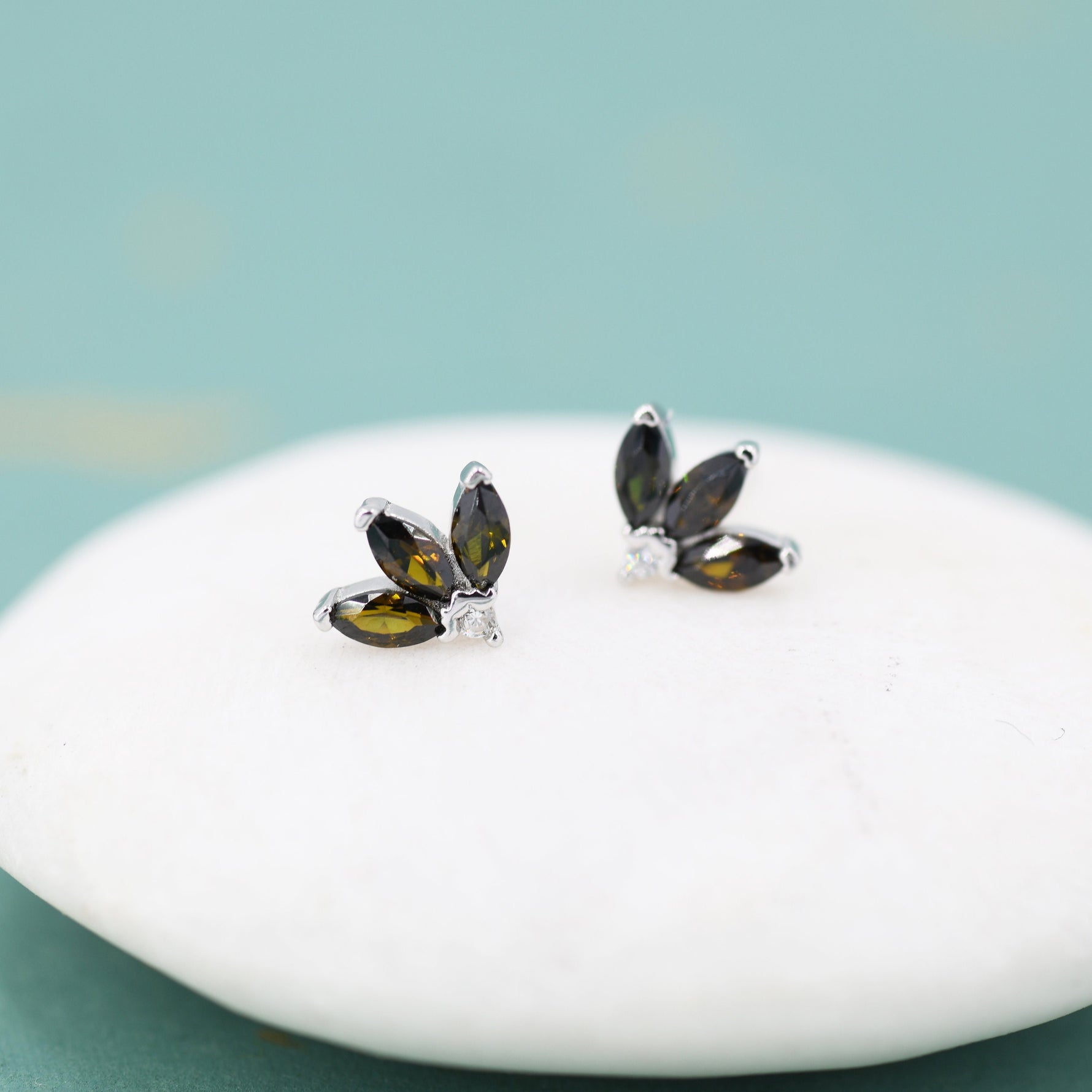 Sterling Silver Tiny Coffee CZ Marquise Cluster Stud Earrings, Gold or Silver, Marquise Fan Stud, CZ Crown Stud, Three Marquise Stud