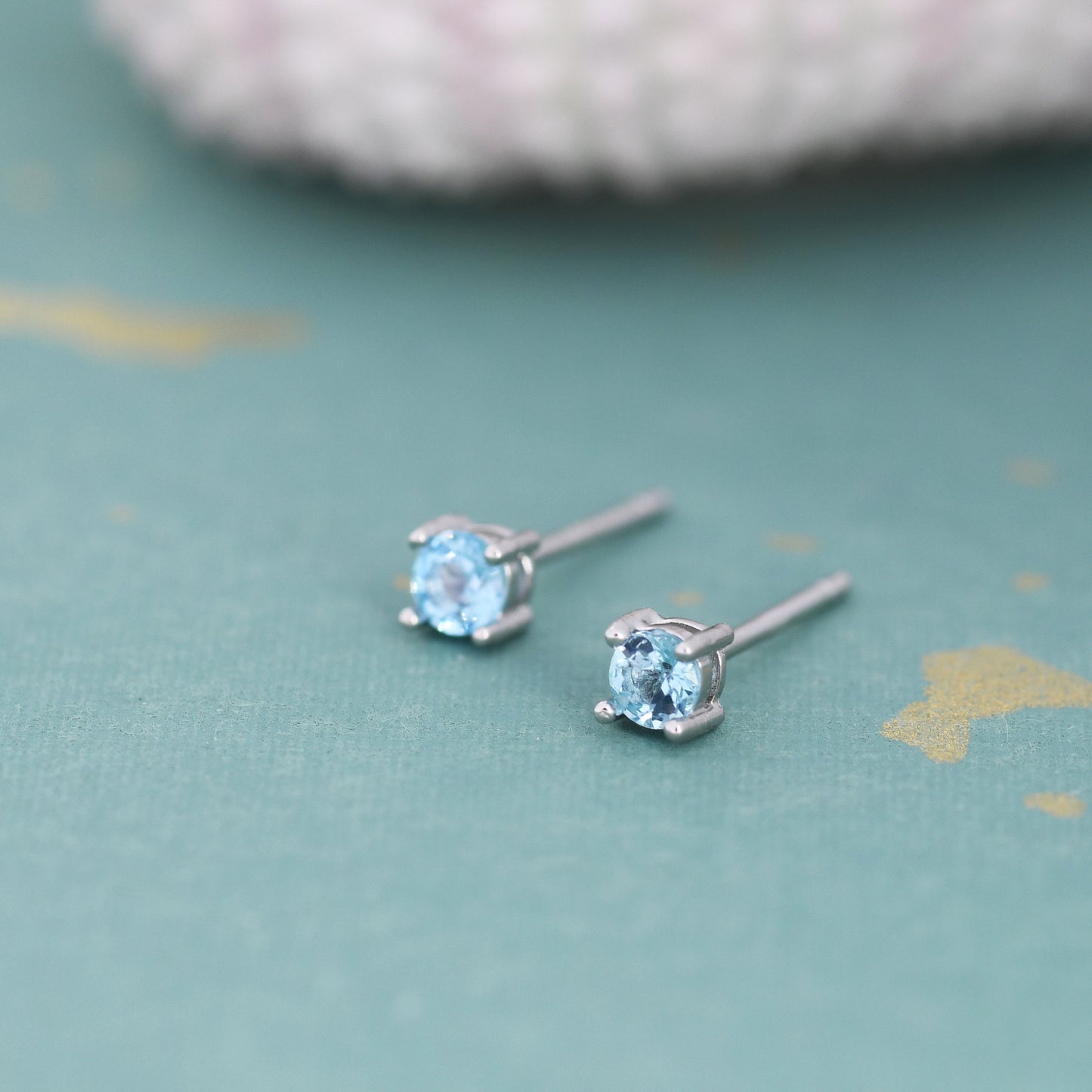 Extra Tiny 3mm Natural Swiss Blue Topaz Stud Earrings in Sterling Silver, Four Prong Set, Genuine Blue Topaz Gemstone Stud, Minimalist Style