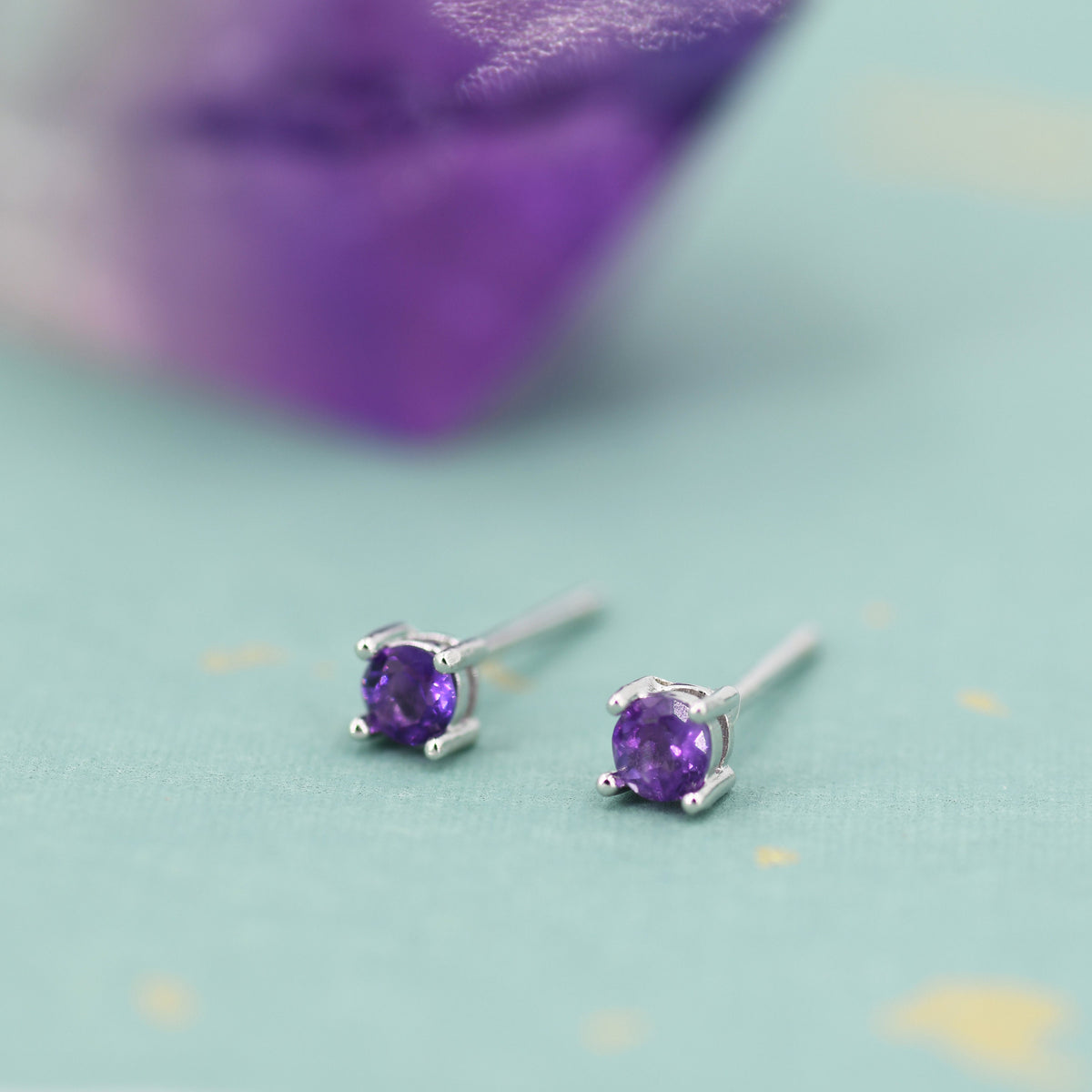 Extra Tiny 3mm Natural Amethyst Stud Earrings in Sterling Silver, Four Prong Set, Genuine Amethyst Gemstone Stud, February Birthstone