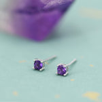 Extra Tiny 3mm Natural Amethyst Stud Earrings in Sterling Silver, Four Prong Set, Genuine Amethyst Gemstone Stud, February Birthstone