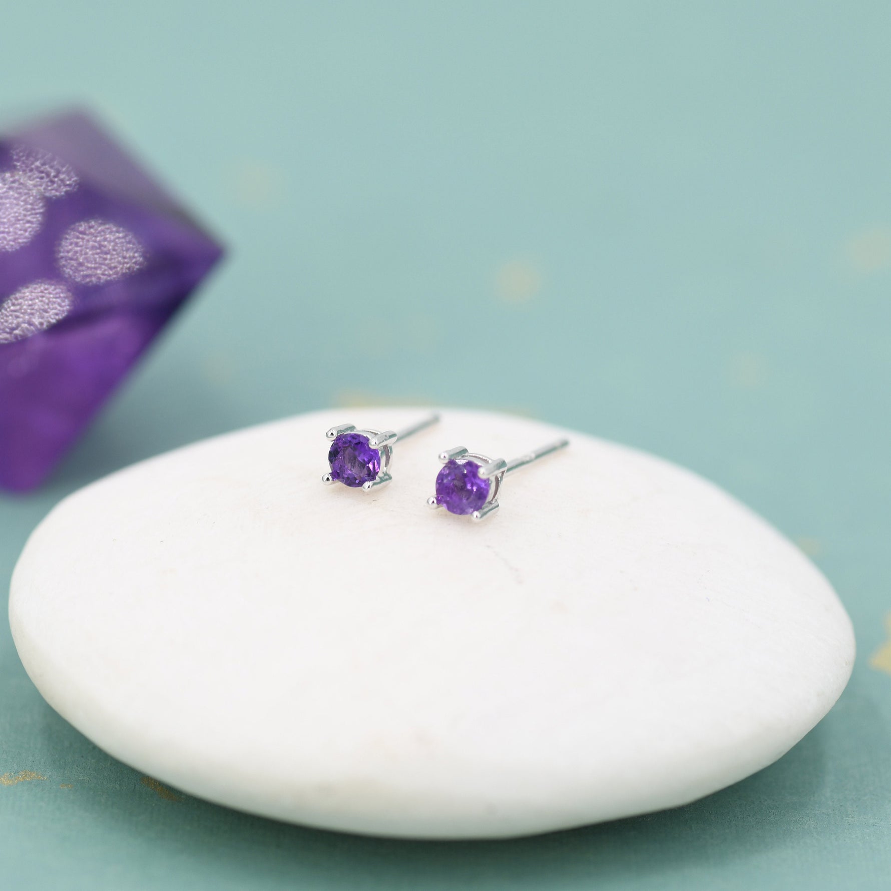 Extra Tiny 3mm Natural Amethyst Stud Earrings in Sterling Silver, Four Prong Set, Genuine Amethyst Gemstone Stud, February Birthstone