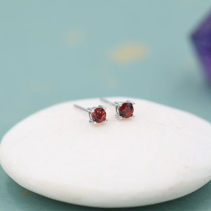 Extra Tiny Natural Garnet Stud Earrings in Sterling Silver, 4 Prong Set, Genuine Garnet Gemstone Stud, Minimalist Style, January Birthstone