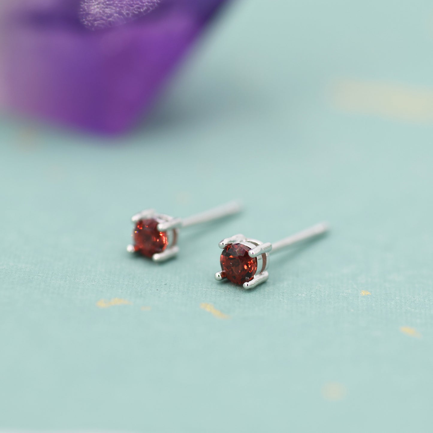 Extra Tiny Natural Garnet Stud Earrings in Sterling Silver, 4 Prong Set, Genuine Garnet Gemstone Stud, Minimalist Style, January Birthstone