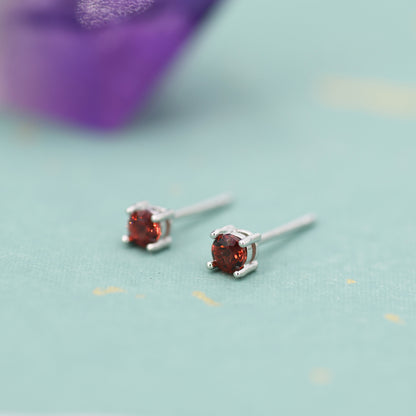 Extra Tiny Natural Garnet Stud Earrings in Sterling Silver, 4 Prong Set, Genuine Garnet Gemstone Stud, Minimalist Style, January Birthstone