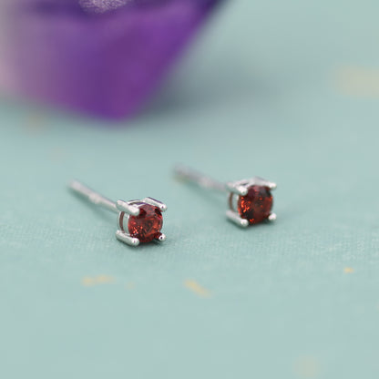 Extra Tiny Natural Garnet Stud Earrings in Sterling Silver, 4 Prong Set, Genuine Garnet Gemstone Stud, Minimalist Style, January Birthstone