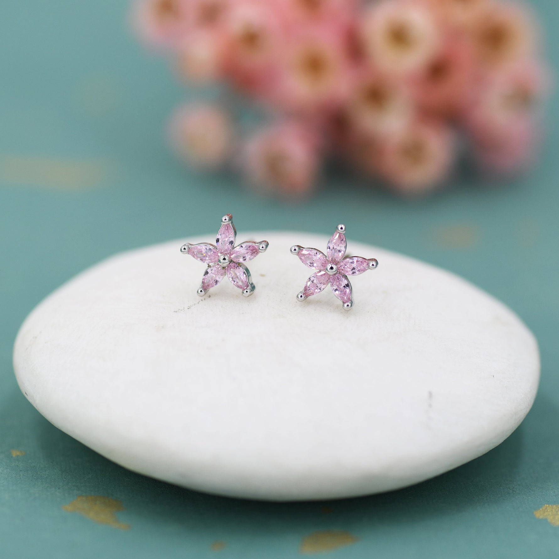 Sterling Silver Tourmaline Pink CZ Flower Stud Earrings, Gold or Silver, Stacking Earrings