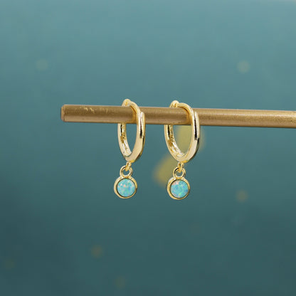 Sterling Silver Hoops with Tiny Dangling 3mm Green Opal,  Aqua Green Opal Charm Dangle Hoop Earrings, Silver or Gold, Lab Opal Hoops