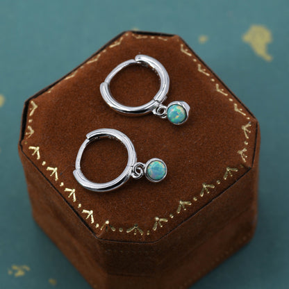 Sterling Silver Hoops with Tiny Dangling 3mm Green Opal,  Aqua Green Opal Charm Dangle Hoop Earrings, Silver or Gold, Lab Opal Hoops