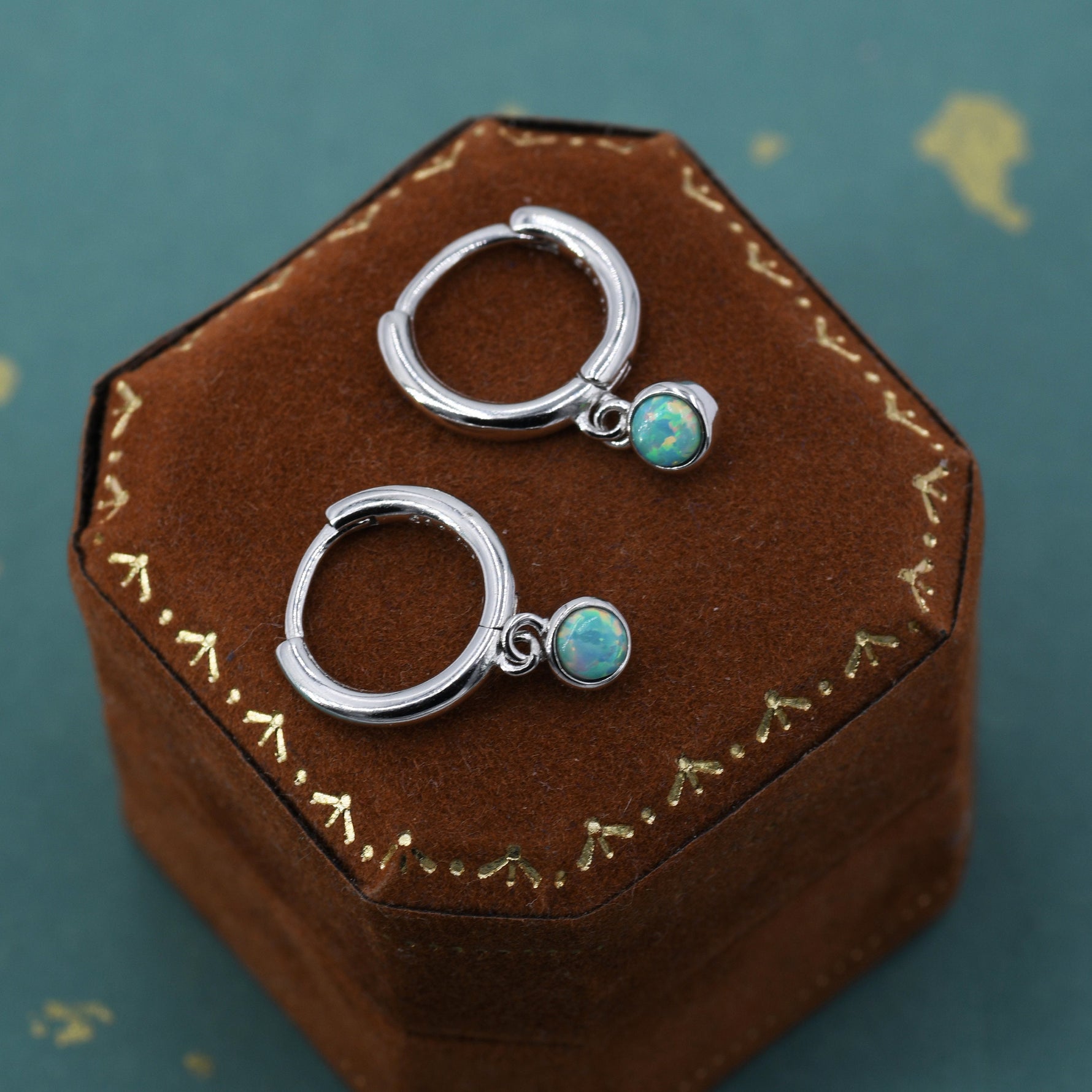 Sterling Silver Hoops with Tiny Dangling 3mm Green Opal, Aqua Green Opal Charm Dangle Hoop Earrings, Silver or Gold, Lab Opal Hoops