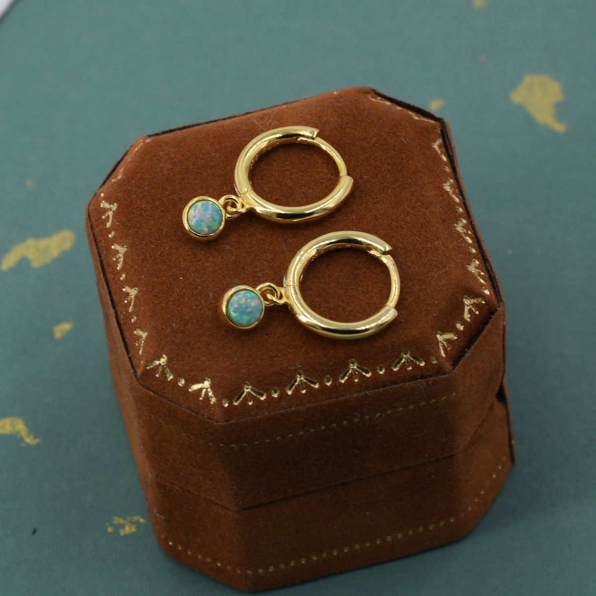 Sterling Silver Hoops with Tiny Dangling 3mm Green Opal, Aqua Green Opal Charm Dangle Hoop Earrings, Silver or Gold, Lab Opal Hoops