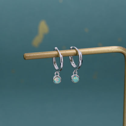 Sterling Silver Hoops with Tiny Dangling 3mm Green Opal,  Aqua Green Opal Charm Dangle Hoop Earrings, Silver or Gold, Lab Opal Hoops