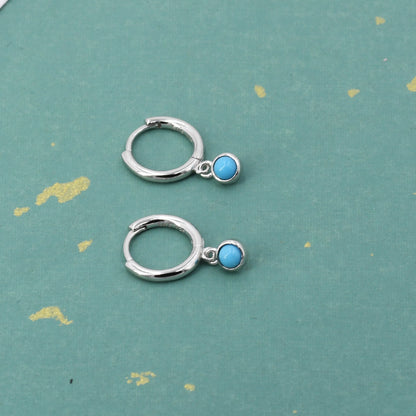 Sterling Silver Hoops with Tiny Dangling 3mm Turquoise, Very Small Turquoise Charm Dangle Hoop Earrings, Silver or Gold