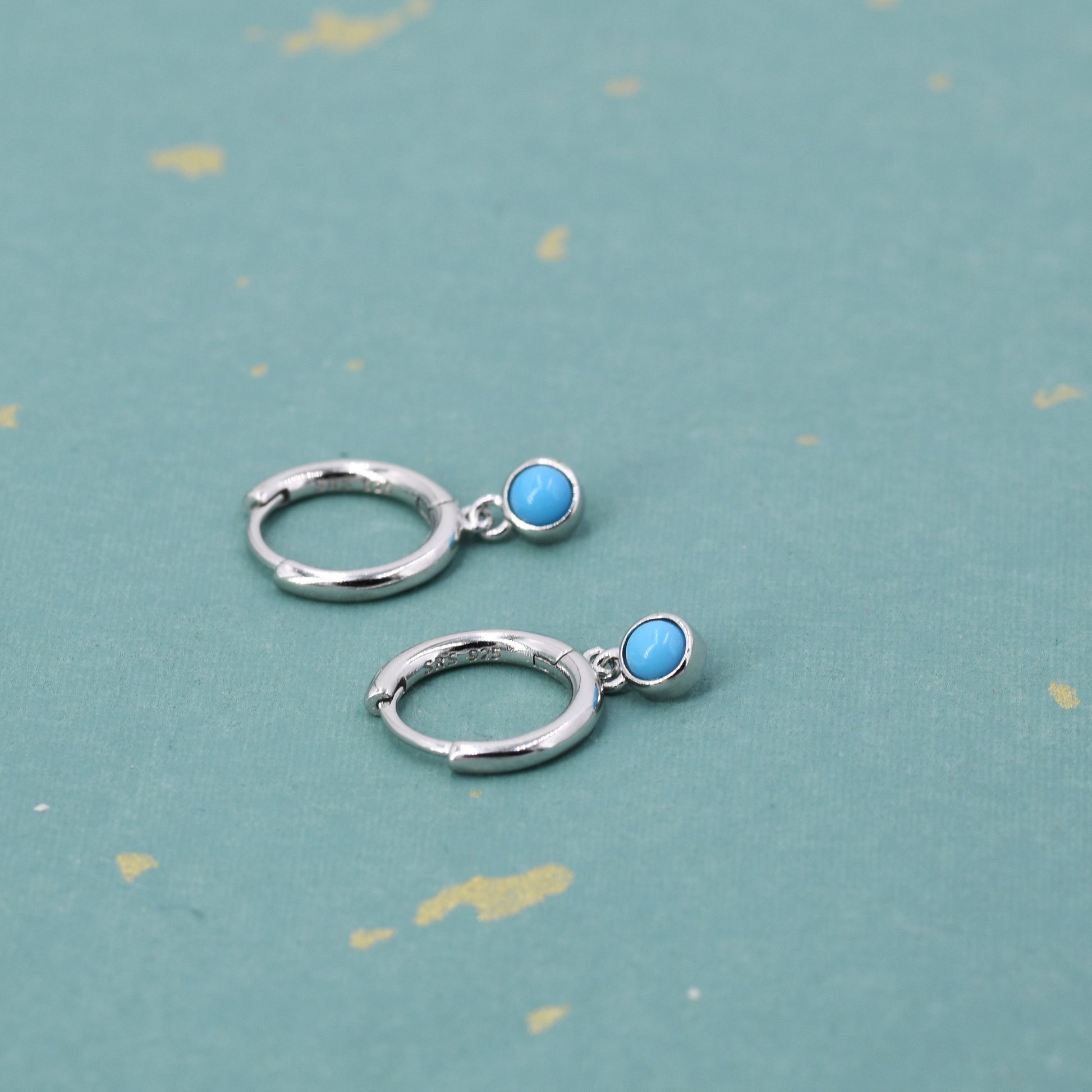 Sterling Silver Hoops with Tiny Dangling 3mm Turquoise, Very Small Turquoise Charm Dangle Hoop Earrings, Silver or Gold