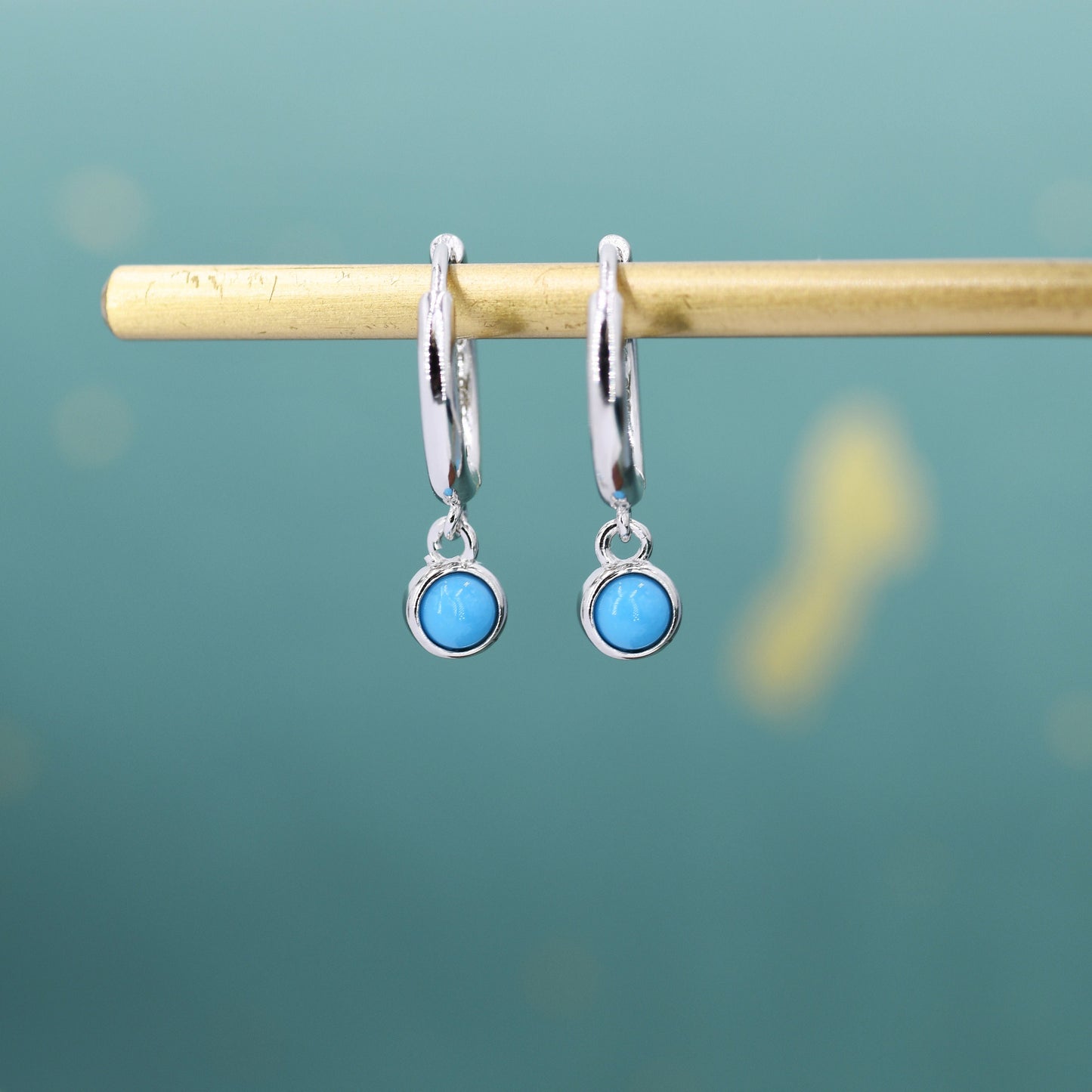 Sterling Silver Hoops with Tiny Dangling 3mm Turquoise, Very Small Turquoise Charm Dangle Hoop Earrings, Silver or Gold