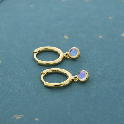 Sterling Silver Hoops with Tiny Dangling 3mm Moonstone, Very Small Lab Moonstone Charm Dangle Hoop Earrings, Silver or Gold