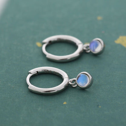 Sterling Silver Hoops with Tiny Dangling 3mm Moonstone, Very Small Lab Moonstone Charm Dangle Hoop Earrings, Silver or Gold