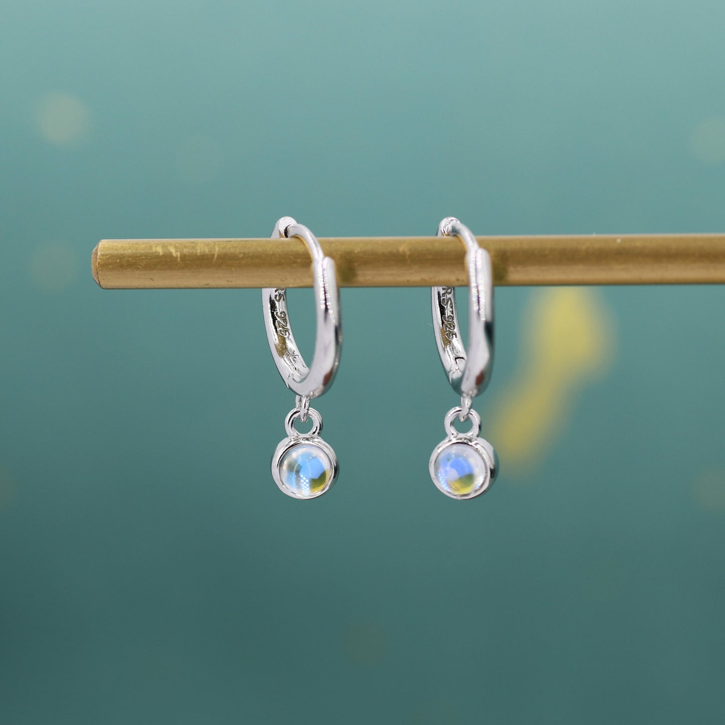 Sterling Silver Hoops with Tiny Dangling 3mm Moonstone, Very Small Lab Moonstone Charm Dangle Hoop Earrings, Silver or Gold