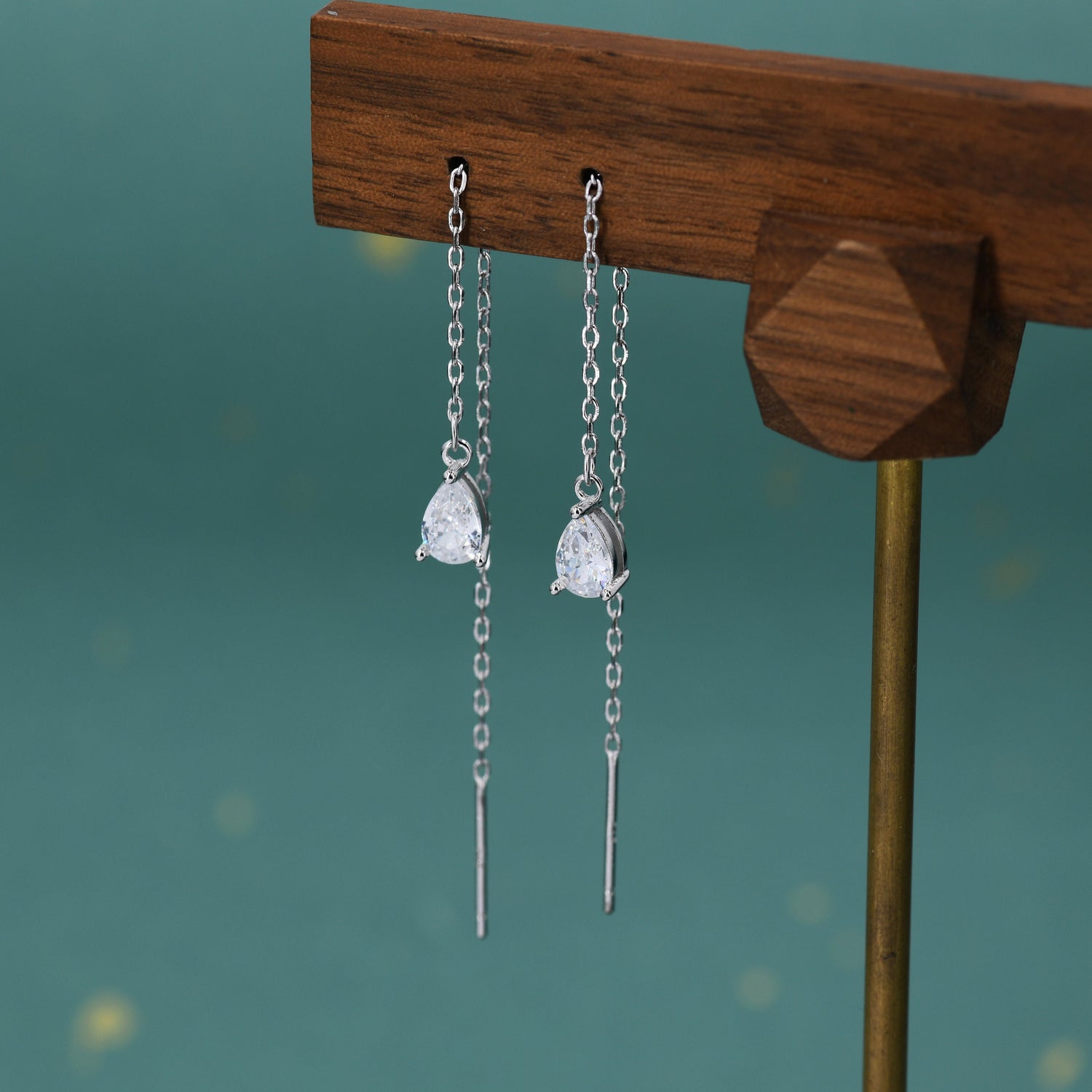 CZ Droplet Threader Earrings in Sterling Silver, Silver or Gold,  Pear Cut 4x6mm CZ Long Ear Threaders, Sparkly CZ Threaders