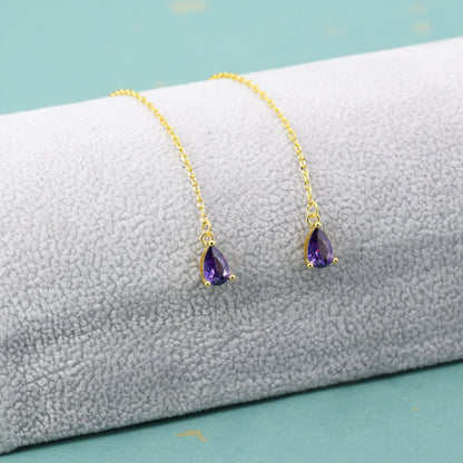 Amethyst Purple CZ Droplet Threader Earrings in Sterling Silver, Silver or Gold,  Pear Cut 4x6mm CZ Long Ear Threaders, Sparkly CZ Threaders