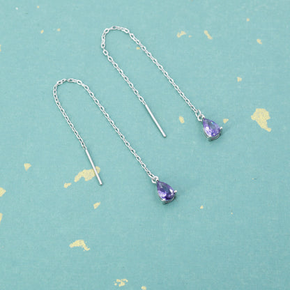 Amethyst Purple CZ Droplet Threader Earrings in Sterling Silver, Silver or Gold,  Pear Cut 4x6mm CZ Long Ear Threaders, Sparkly CZ Threaders