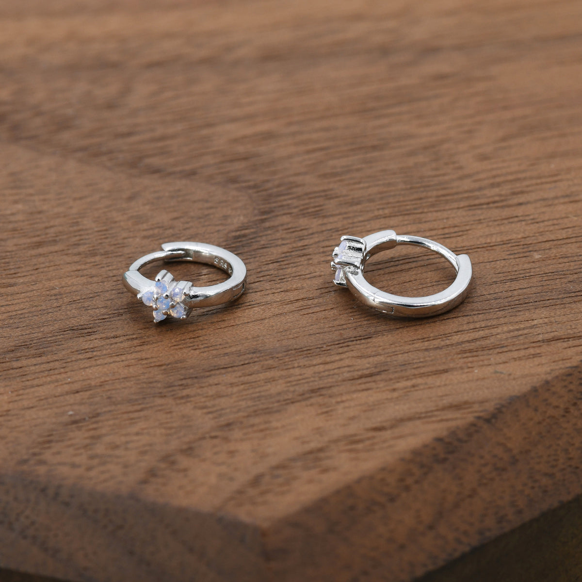 Opal Colour CZ Flower Huggie Hoop in Sterling Silver, Silver or Gold, Delicate Flower CZ Hoops, Tiny Flower Hoops, Tiny CZ Hoops