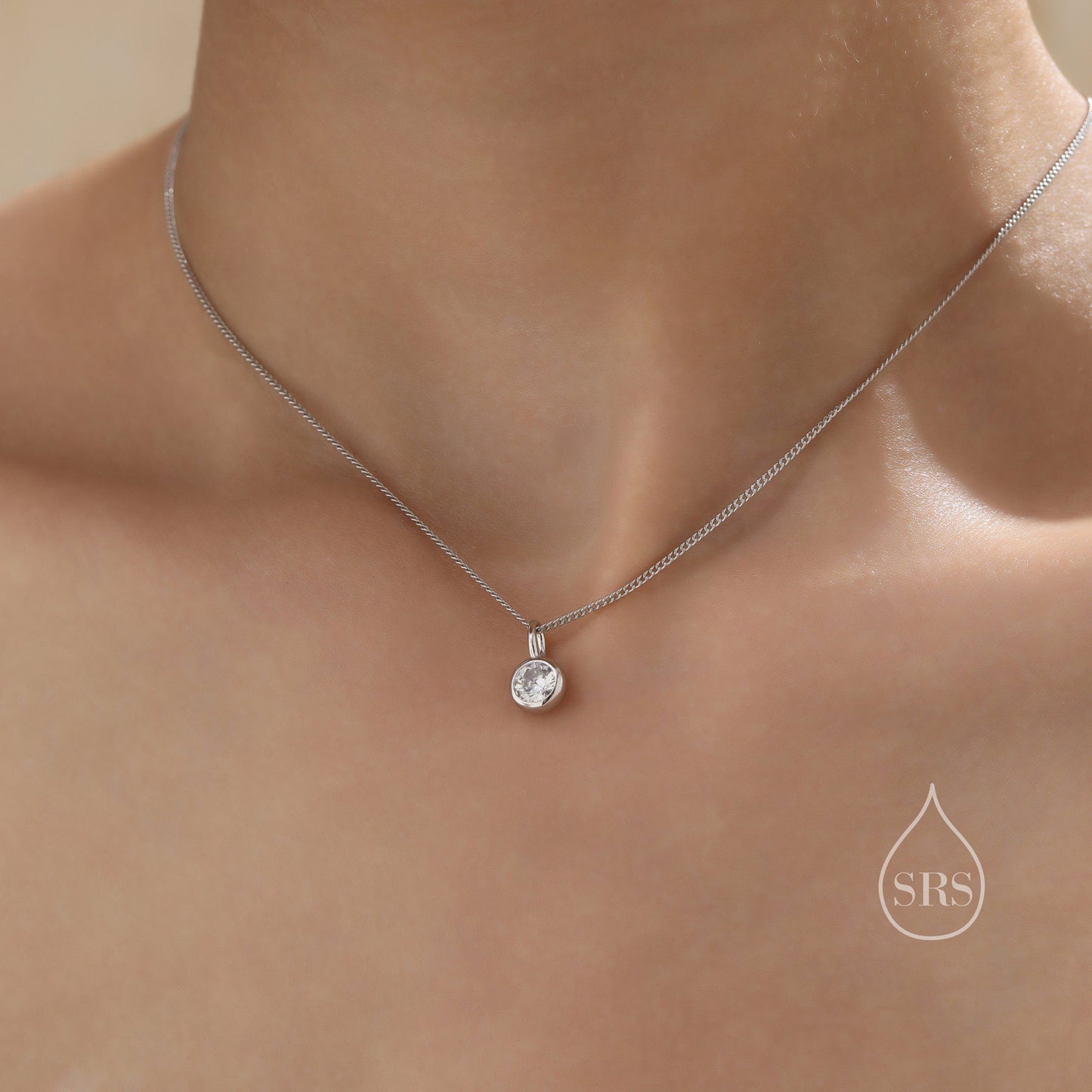 Minimalist CZ Bubble Pendant Necklace  in Sterling Silver, Silver or Gold or Rose Gold, 1 Ct Zircon Bubble Bezel Necklace, April Birthstone