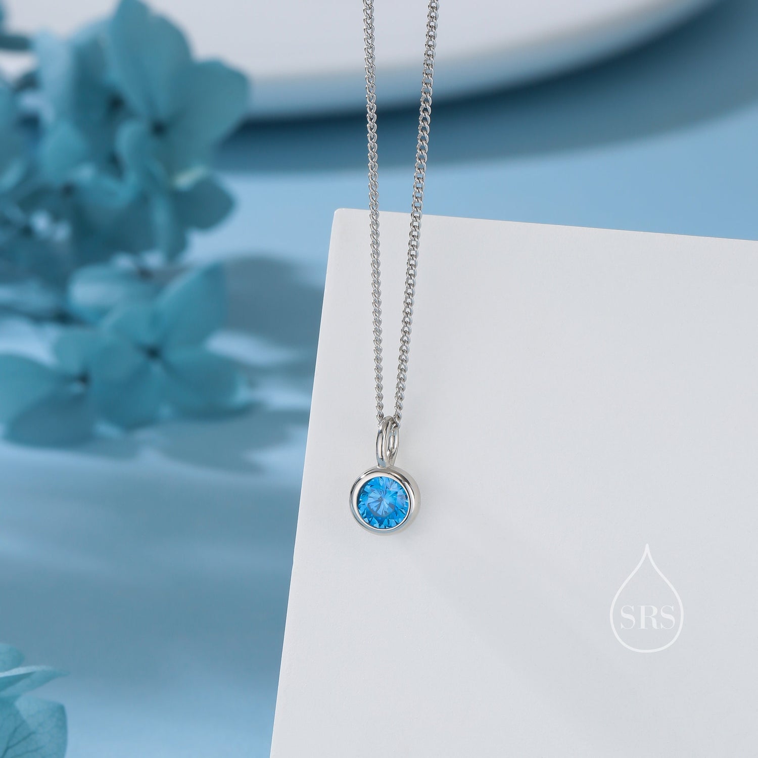 Aquamarine Blue CZ Bubble Pendant Necklace  in Sterling Silver, Silver or Gold or Rose Gold, 1 Ct Zircon Bezel Necklace, March Birthstone