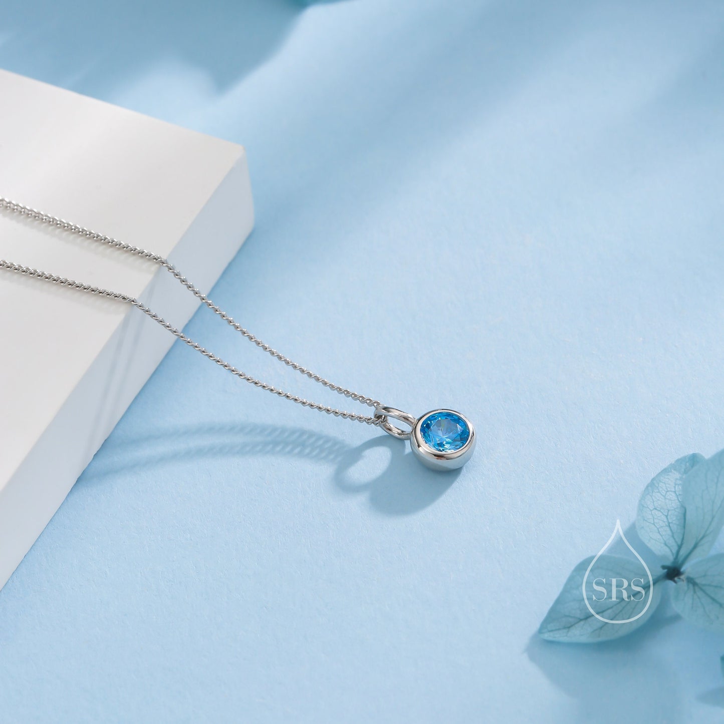 Aquamarine Blue CZ Bubble Pendant Necklace  in Sterling Silver, Silver or Gold or Rose Gold, 1 Ct Zircon Bezel Necklace, March Birthstone