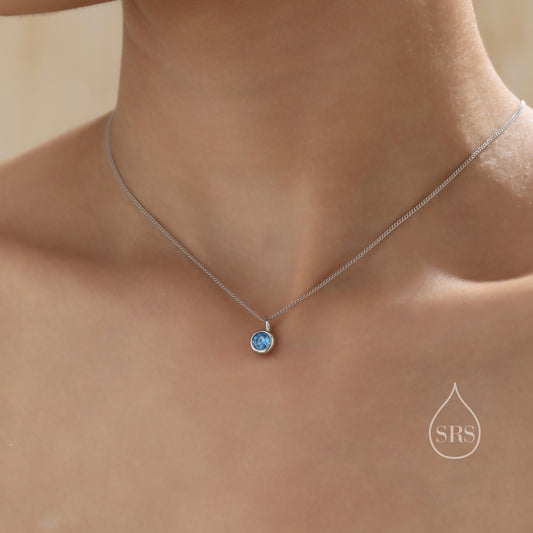 Aquamarine Blue CZ Bubble Pendant Necklace  in Sterling Silver, Silver or Gold or Rose Gold, 1 Ct Zircon Bezel Necklace, March Birthstone