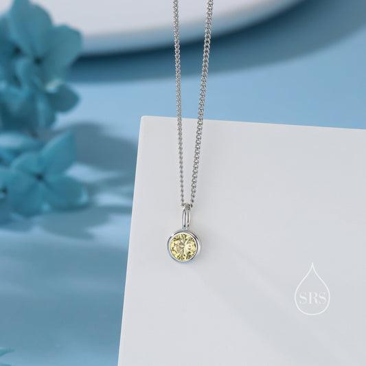 Citrine Yellow CZ Bubble Pendant Necklace  in Sterling Silver, Silver or Gold or Rose Gold, 1 Ct Zircon Bezel Necklace, November Birthstone