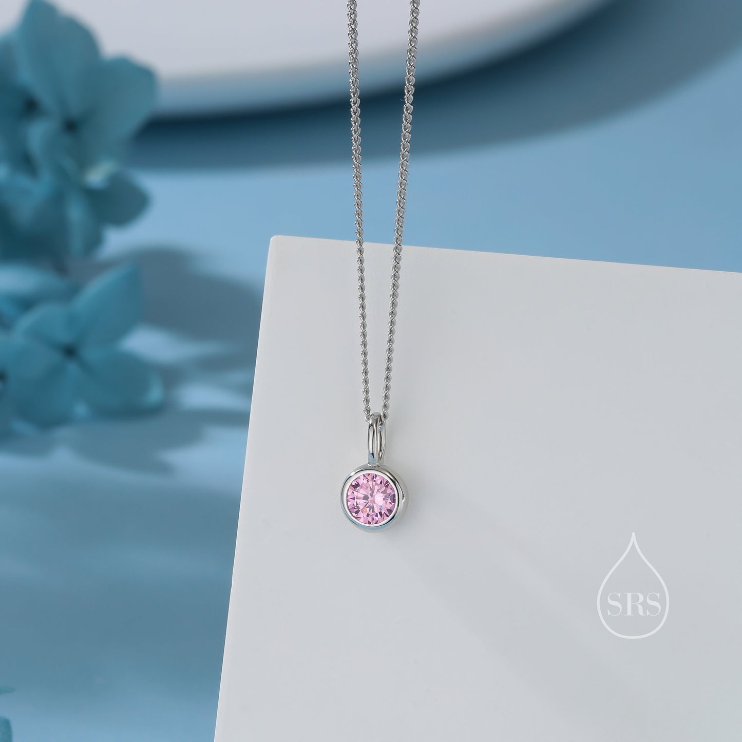 Tourmaline Pink CZ Bubble Pendant Necklace  in Sterling Silver, Silver or Gold or Rose Gold,  Bezel Necklace, October Birthstone