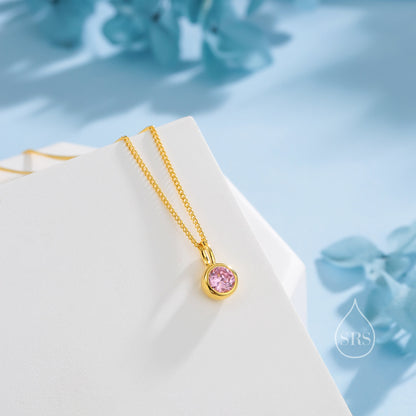 Tourmaline Pink CZ Bubble Pendant Necklace  in Sterling Silver, Silver or Gold or Rose Gold,  Bezel Necklace, October Birthstone