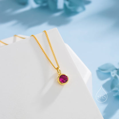 Ruby Pink CZ Bubble Pendant Necklace  in Sterling Silver, Silver or Gold or Rose Gold,  Bezel Necklace, July Birthstone