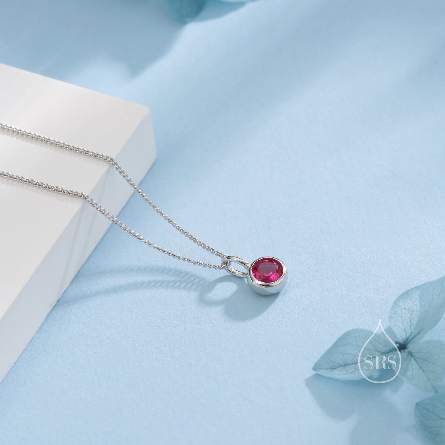 Ruby Pink CZ Bubble Pendant Necklace  in Sterling Silver, Silver or Gold or Rose Gold,  Bezel Necklace, July Birthstone