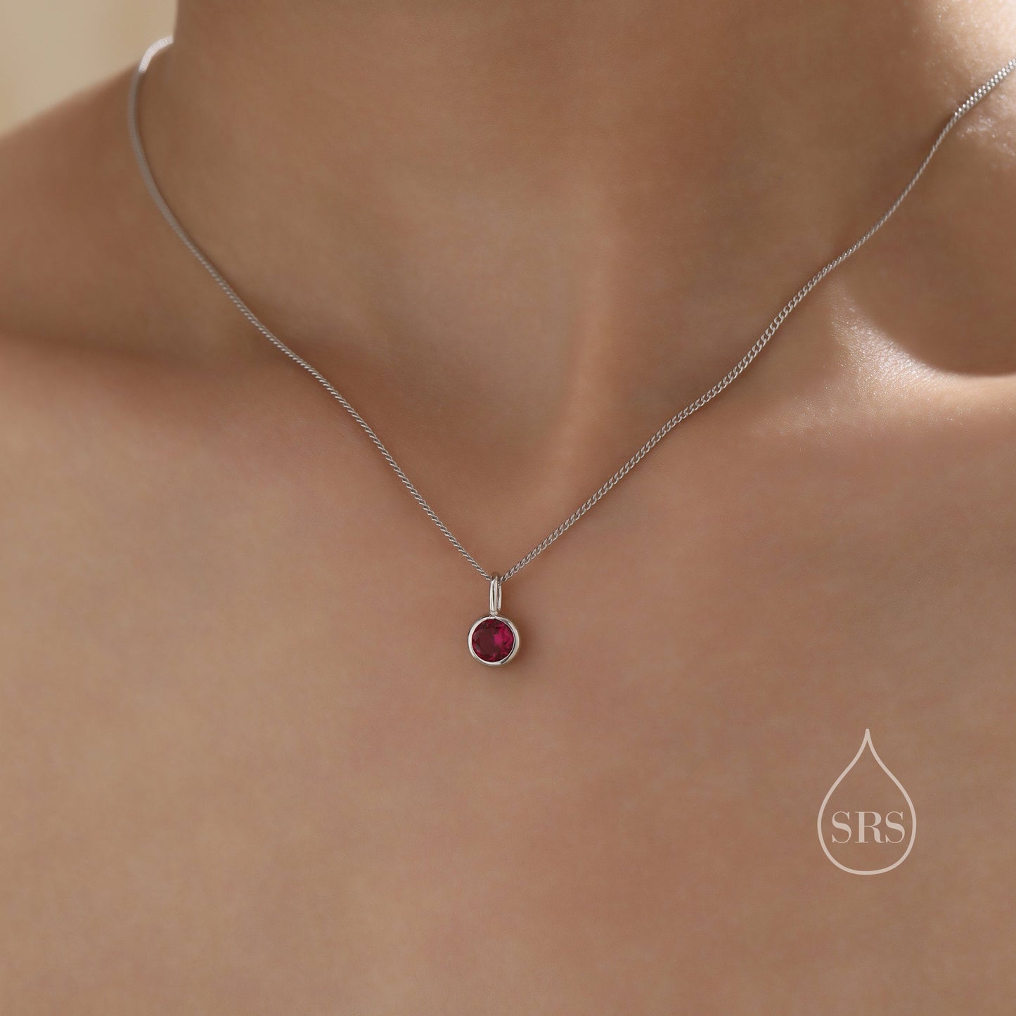 Ruby Pink CZ Bubble Pendant Necklace  in Sterling Silver, Silver or Gold or Rose Gold,  Bezel Necklace, July Birthstone