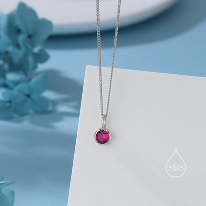 Ruby Pink CZ Bubble Pendant Necklace  in Sterling Silver, Silver or Gold or Rose Gold,  Bezel Necklace, July Birthstone