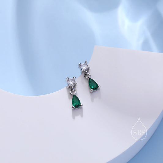 Tiny Emerald Green CZ Dangle Stud Earrings in Sterling Silver with Round and Droplet CZ, Silver or Gold, Two CZ Prong Set Earrings